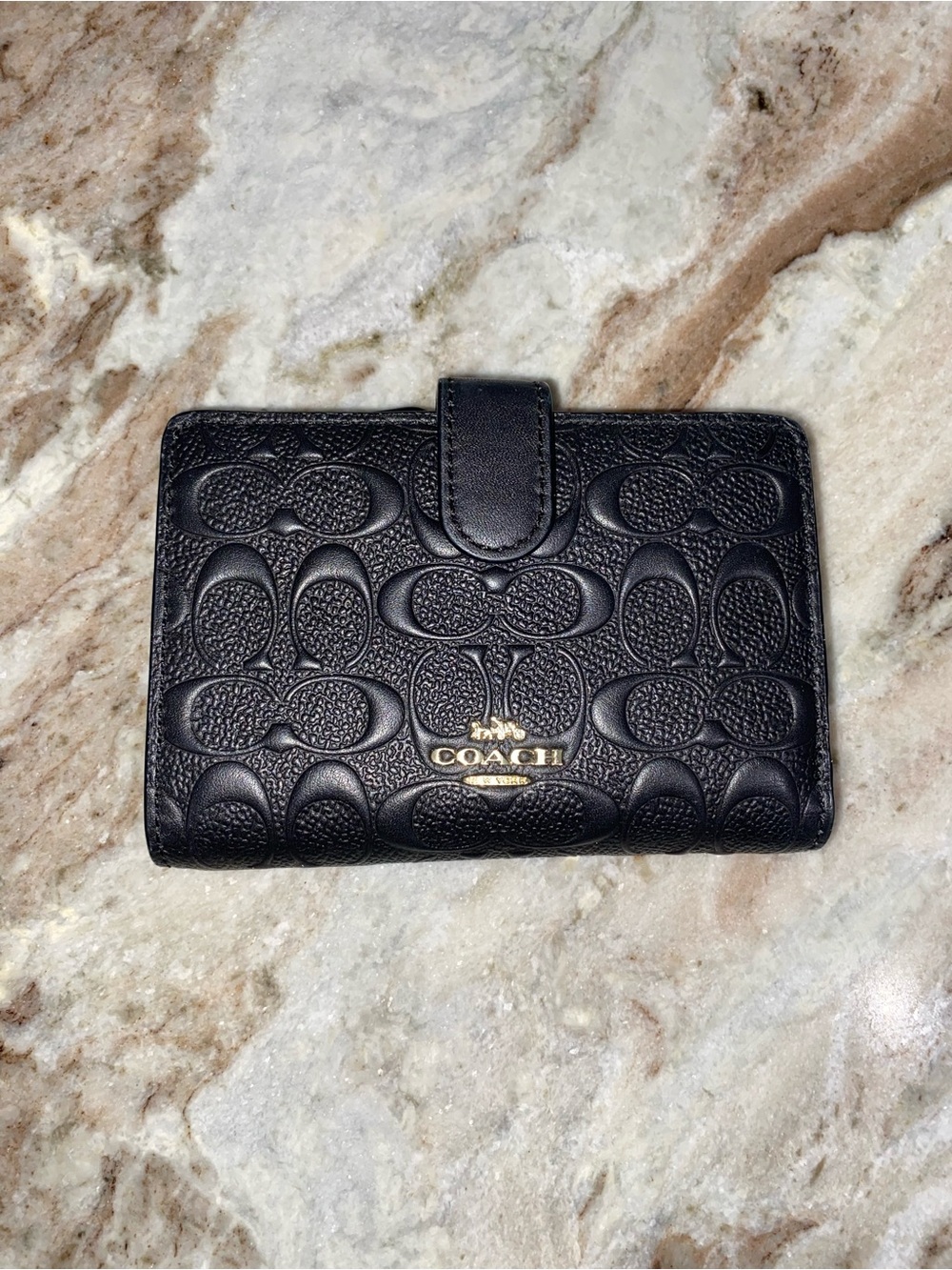 Coach Medium Zip Wallet Black Signature Embossed Leather